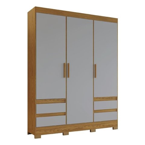 Guarda Roupa Solteiro Lema 3 Portas e 4 Gavetas Nature/Cinza - Móveis Briz