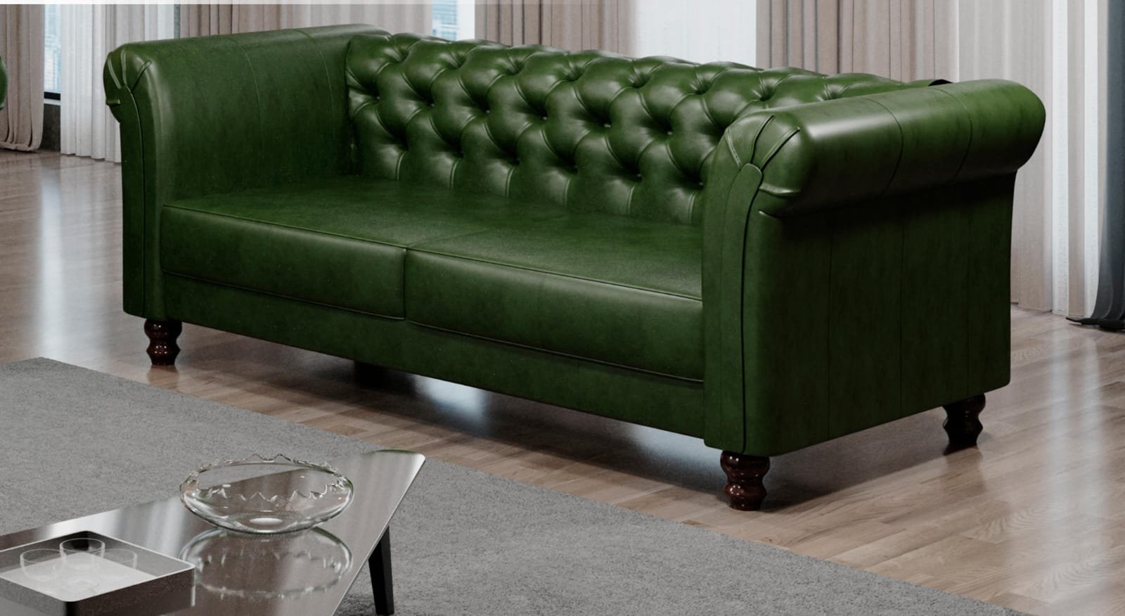 Sofá Decorativo de Couro Chesterfield 200cm Verde - Mozzelar