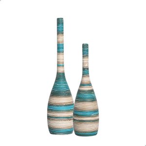 Dupla Vaso Decorativo de Mesa Garrafa Tulipa Azul e Palha Marrakesh