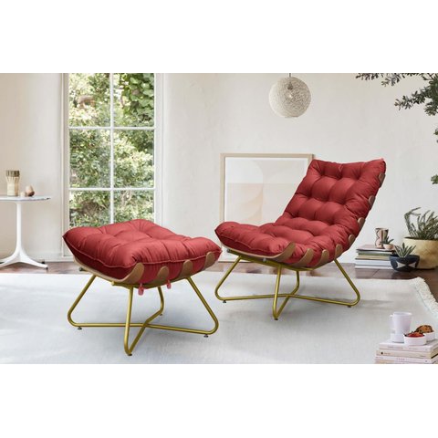 Poltrona Costela com Puff Madeira EVA Dourado Veludo Vermelho