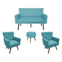 Ver imagem 1 de Kit Namoradeira + 2 Poltronas Decorativa Aurora + Puff Redondo Suede Azul Tifany Pés Madeira Ms Deco