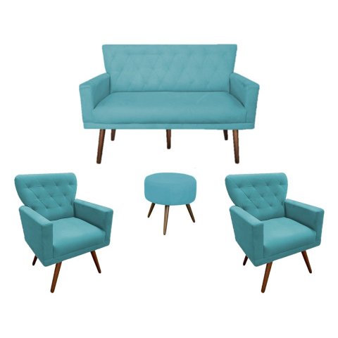 Kit Namoradeira + 2 Poltronas Decorativa Aurora + Puff Redondo Suede Azul Tifany Pés Madeira Ms Deco