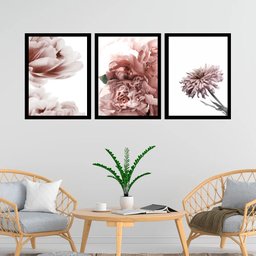 Kit 3 Quadros Fotos Flores Tons Rosê 33x24cm:moldura Preta - 1