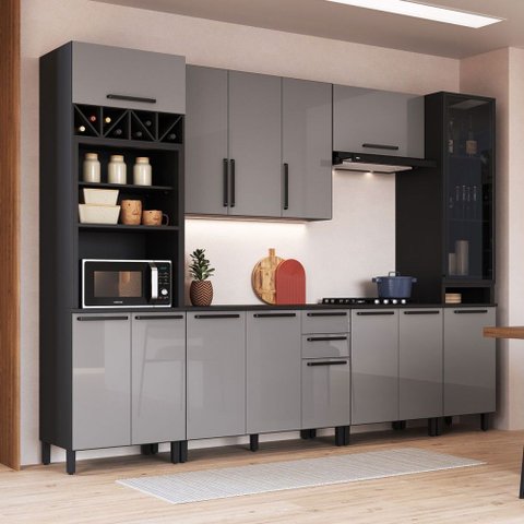 Cozinha Completa Diamante 13 Portas 3 Gavetas com Vidro Chumbo/titanio - Indékes