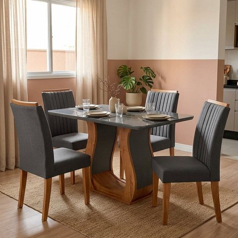 Conjunto Mesa de Jantar com 4 Cadeiras Estofadas e Tampo de Vidro 120x80x80cm Cinza