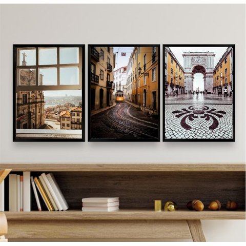 Kit 3 Quadros Decorativos Fotogragias Portugal 45x34cm - com Vidro:madeira Preta