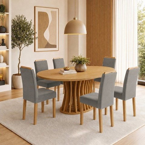 Conjunto Sala de Jantar 6 Lugares Tampo MDF 180x90cm Mesa Orgânica Arthus e Cadeiras Lyra