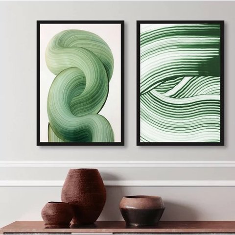 Kit 2 Quadros Decorativos Verdes Abstratos- Ondas 24x18cm - com Vidro:madeira Preta