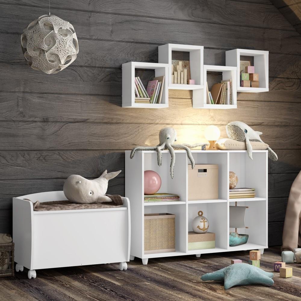 Kit Conjunto Quarto Infantil Nicho Multiuso Baú Organizador 4 Nichos ...