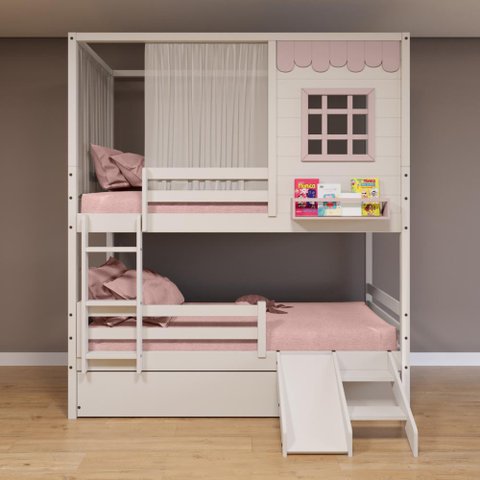 Treliche Casinha Reta com Grade Removível Escorregador e Cortina Madeira Maciça Branco/ Rosa