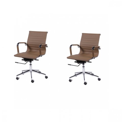 Kit 2 Cadeiras Escritório Diretor Esteirinha Rodízio Relax Corino 3301 Marrom/Caramelo