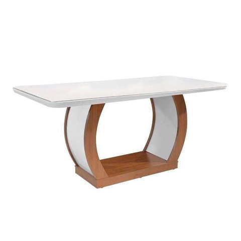 Conjunto: Mesa de Cozinha Jade Tampo Madeirado c/ Vidro Canto Curvo 180x90cm e 6 Cadeiras Grécia