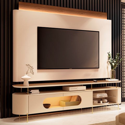 Conjunto Painel Nobre C/led e Bancada Ária Tv até 85 Polegadas Off White/castanho G26 - Hb Móveis