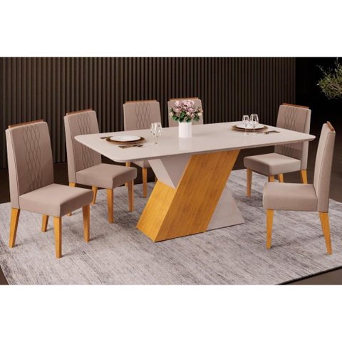 Sala de Jantar Completa Rubi Tampo Madeirado C/ Vidro Curvo 170x90cm e 6 Cadeiras Lia Cedro/off