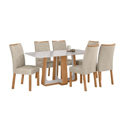 Conjunto Sala de Jantar Mesa Sintonia 170 Tampo Vidro Off White com 6 Cadeiras Rayla - Lopas Amendoa