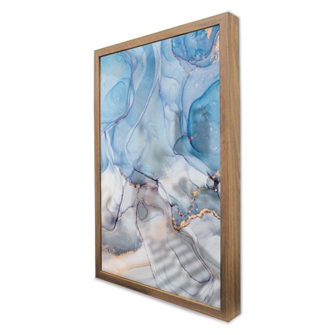 Quadro Decorativo Caixa Alta com Vidro Abstrato Mármore Azul Claro TaColado Moldura Madeira 90 x 60c