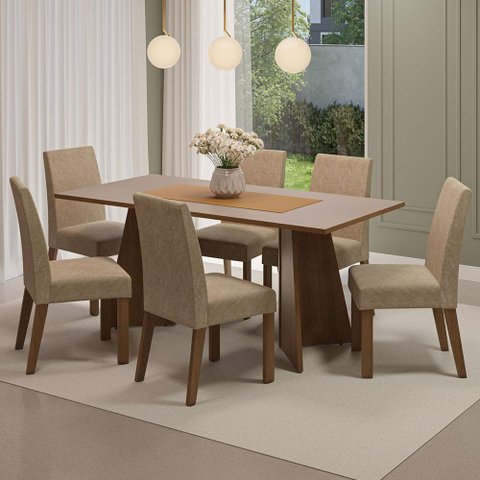 Conjunto Sala de Jantar Mesa Tampo de Madeira 6 Cadeiras Rustic/crema/imperial Simone Madesa