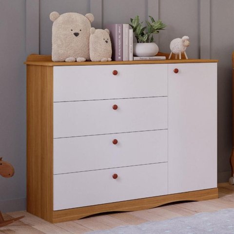 Cômoda Infantil 100% MDF com 1 Porta e 4 Gavetas 119,5cm Multimóveis Crper-CMO016 Madeirado/Branco