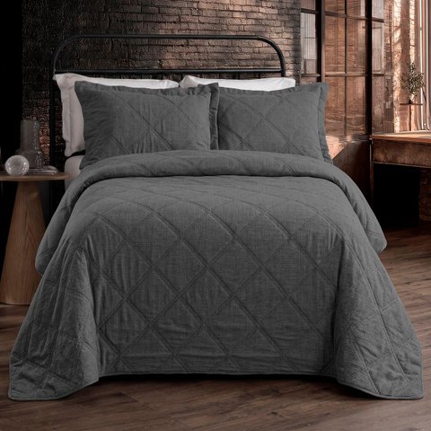 Kit Colcha King Size Urban Linen Chumbo Textura Linho 3 Peças Rozac