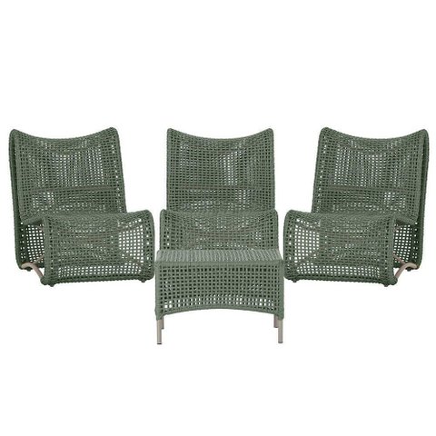 3 Poltronas e Mesa Texas Alumínio Fendi Corda Náutica Trama Verde