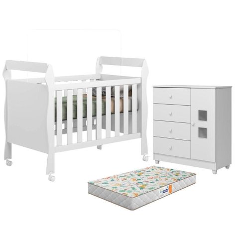 Berço Americano Soninho com Cômoda MDF Colchão Branco Acetinado Tigus Móveis