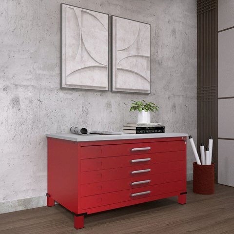 Mapoteca Mont 5 Gavetas 71,3cm x 120,4cm Aço Vermelho/Cinza