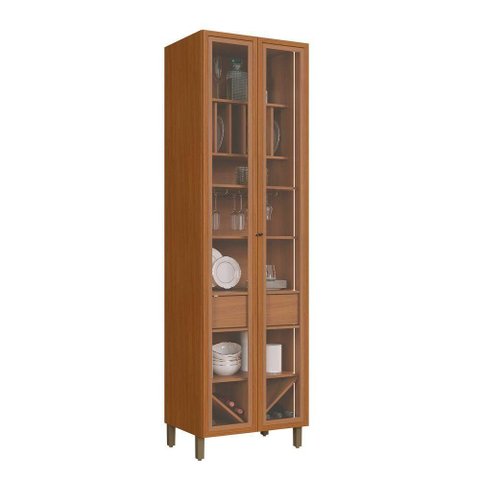 Cristaleira Cristal 2 Portas Vidro 4 Prateleiras MDF LED Amadeirado Indékes
