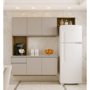 Kit Cozinha Suspensa Mel com Balcão Damasco Off White - 163cm -  Poquema Móveis