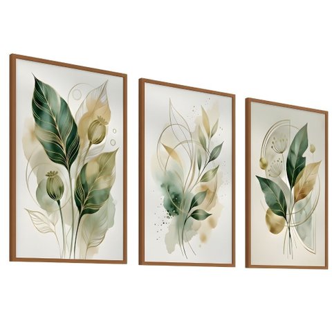 Kit 3 Quadros Folhagem Verde Dourado Aquarela 60x80 Moldura:tabaco