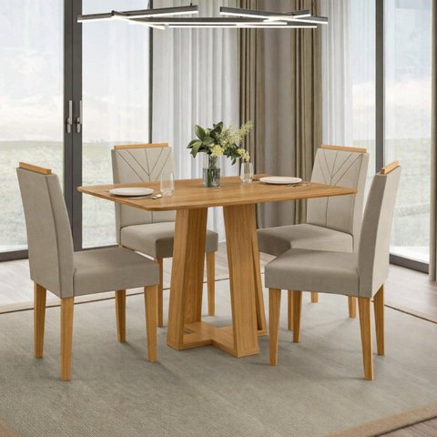 Conjunto Sala de Jantar Mesa 120cm Tampo MDF sem Vidro Rubi com 4 Cadeiras Amanda
