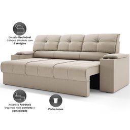 Sofá com Porta Copos Retrátil e Reclinável Tom 2,05m Velosuede - Netsofas - Bege - 3