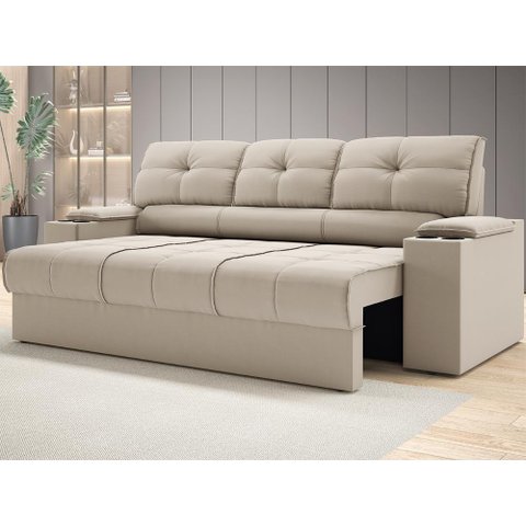 Sofá com Porta Copos Retrátil e Reclinável Tom 2,05m Velosuede - Netsofas - Bege