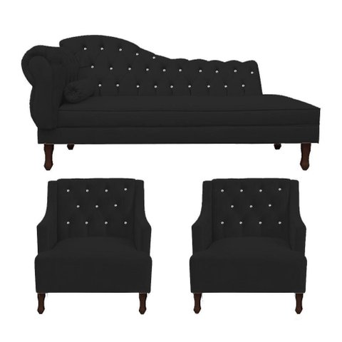 Kit Divã Cancun 140cm Braço Direito + 2 Poltronas Genesis com Strass Suede: Preto