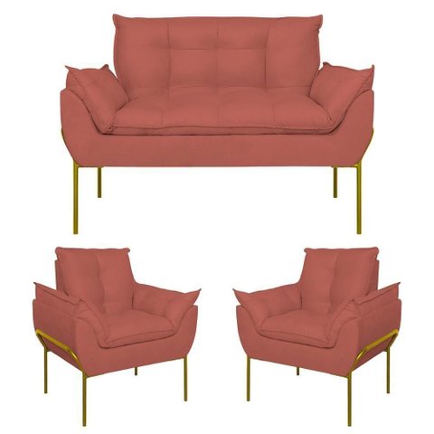 Kit 2 Poltronas + Namoradeira Pé Metal Dourado Recepção Sala Rosa