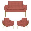 Ver imagem 1 de Kit 2 Poltronas + Namoradeira Pé Metal Dourado Recepção Sala Rosa