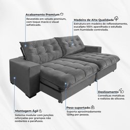 Sofá Califórnia Retrátil e Reclinável 3 Lugares 2,10m com Molas Ensacadas e Pillow cinza - 3 Sofá Califórnia Retrátil e Reclinável 3 Lugares 2,10m com Molas Ensacadas e Pillow cinza - 3