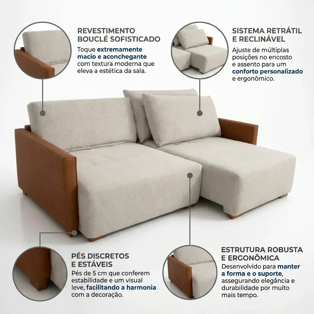 Ver imagem 4 de Sofá Retrátil Reclinável 200cm Bouclé Pilar Bege/Marrom