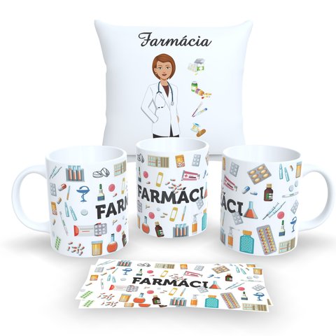 Kit com 1 Caneca de Porcelana e 1 Almofada Branca 30x30cm Personalizadas Profissões "farmacia"