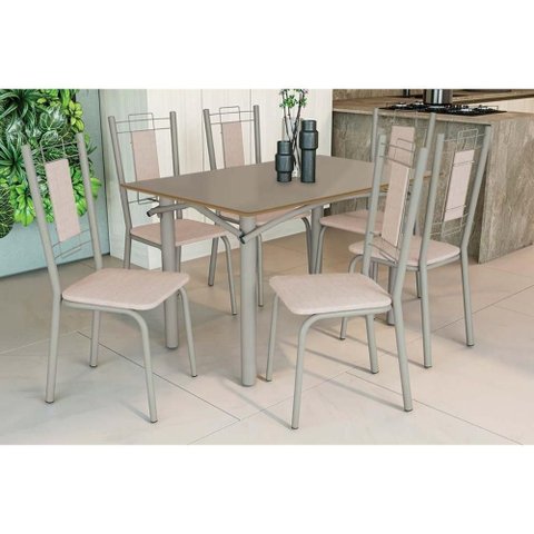 Sala de Jantar Completa Elba Tampo Madeirado C/ Vidro 120cm e 6 Cadeiras Florença Niquel/freijo