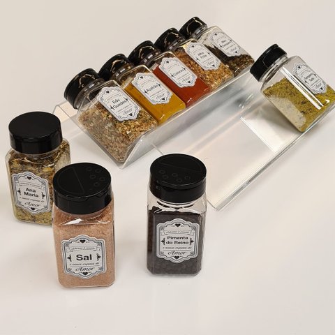Kits Suportes de Acrílico pra Tempero + Rótulos e Potes