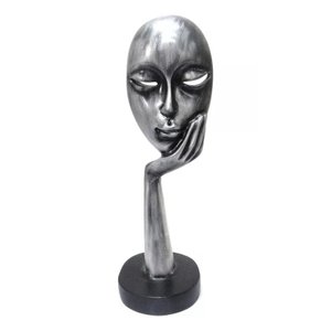 Escultura Estátua Máscara Face Mão no Rosto 36 Cm:prata Envelhecido