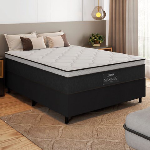 Cama Box Casal Colchão Gazin Maximus Molas Ensacadas 138x188x62cm Cinza / Preto
