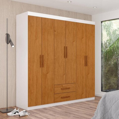 Guarda-Roupa Solteiro com 6 Portas e 2 Gavetas 153cm Multimóveis CR35568 Branco/Madeirado