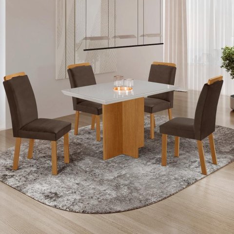 Conjunto Mesa de Jantar 120cm com 4 Cadeiras Estofadas Multimóveis Crrft-CON040 Madeirado/Off White