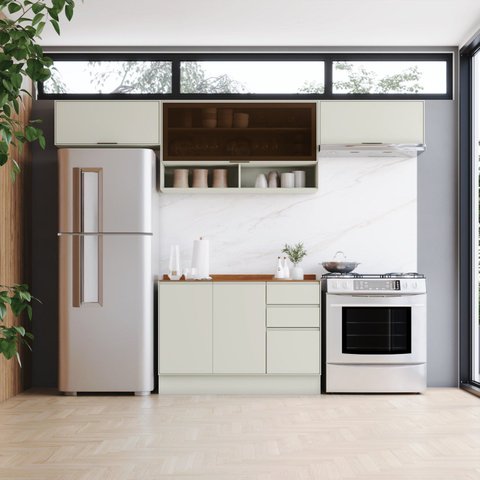 Cozinha Compacta 100% MDF Aéreo Basculante Vidro e Balcão Pia com Tampo Fineze