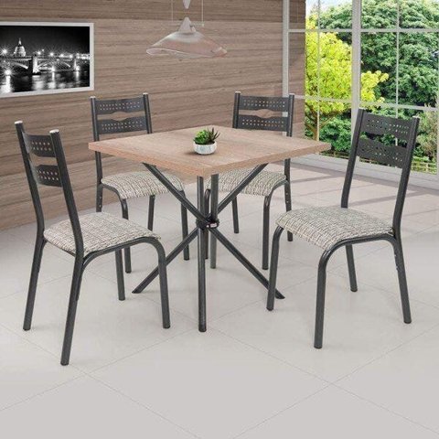 Conjunto de Mesa com 4 Cadeiras Luna Clássica Bege/Craqueado Preto/Junco Manteiga