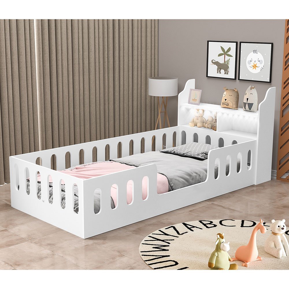 Cama Infantil Montessoriana Helo Solteiro com Nicho e Led - Branca - 3