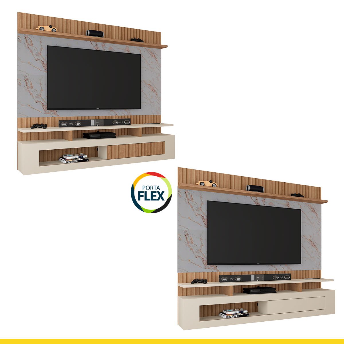 Painel Ripado TV 65 Pol 183x163Cm Nichos Prateleiras MDP Granit Canelato Off White - ClickLar - 2