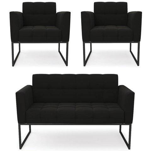 Sofá Namoradeira e 2 Poltronas Base Industrial Preto Ana Suede Preto - Ibiza