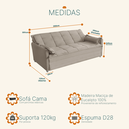 Sofá Cama 2,00m 3 Lugares Suede Vienna Castor - 7